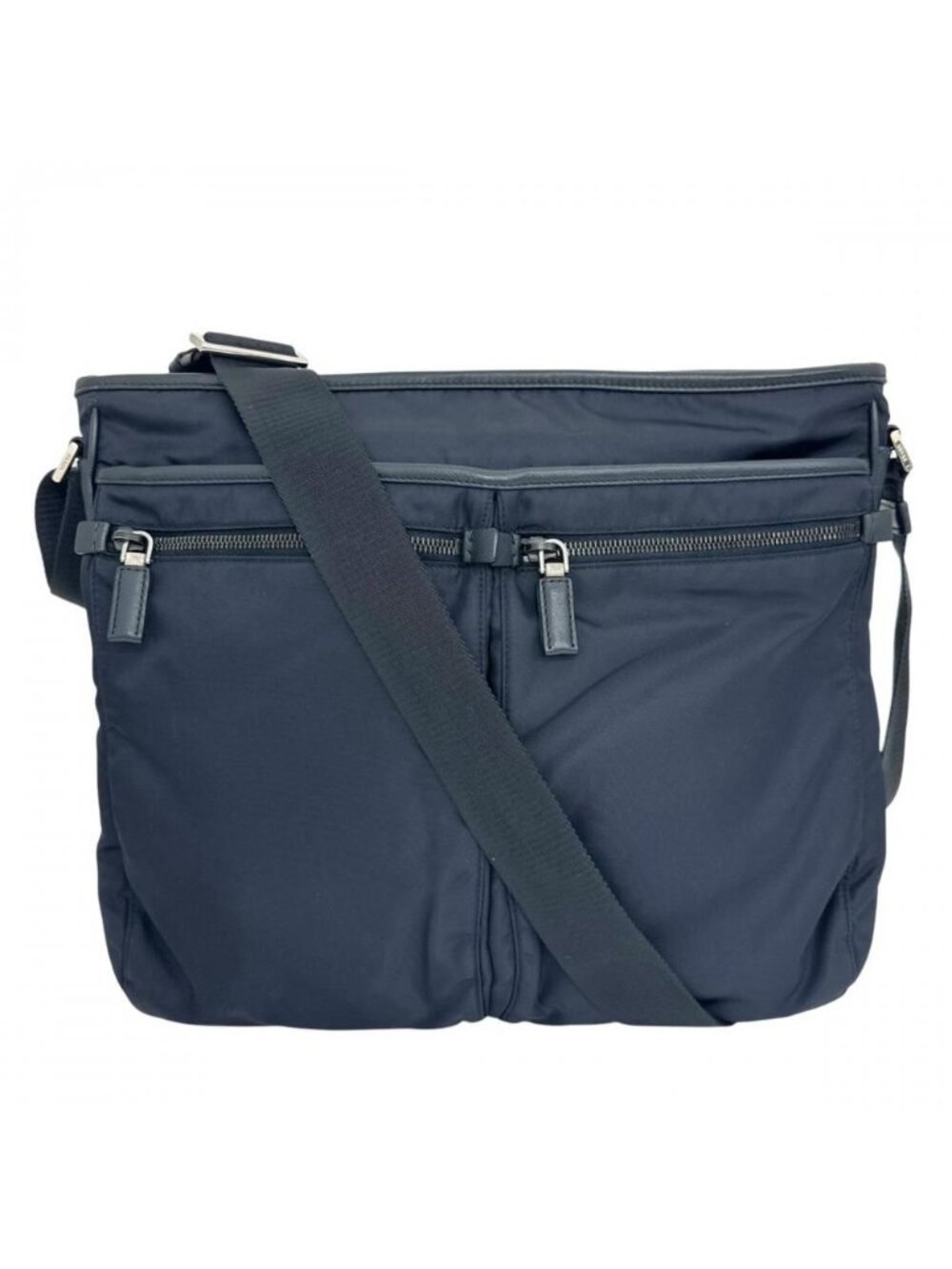 Prada Shoulder Bag Crossbody Nylon Saffiano Leather Navy Silver